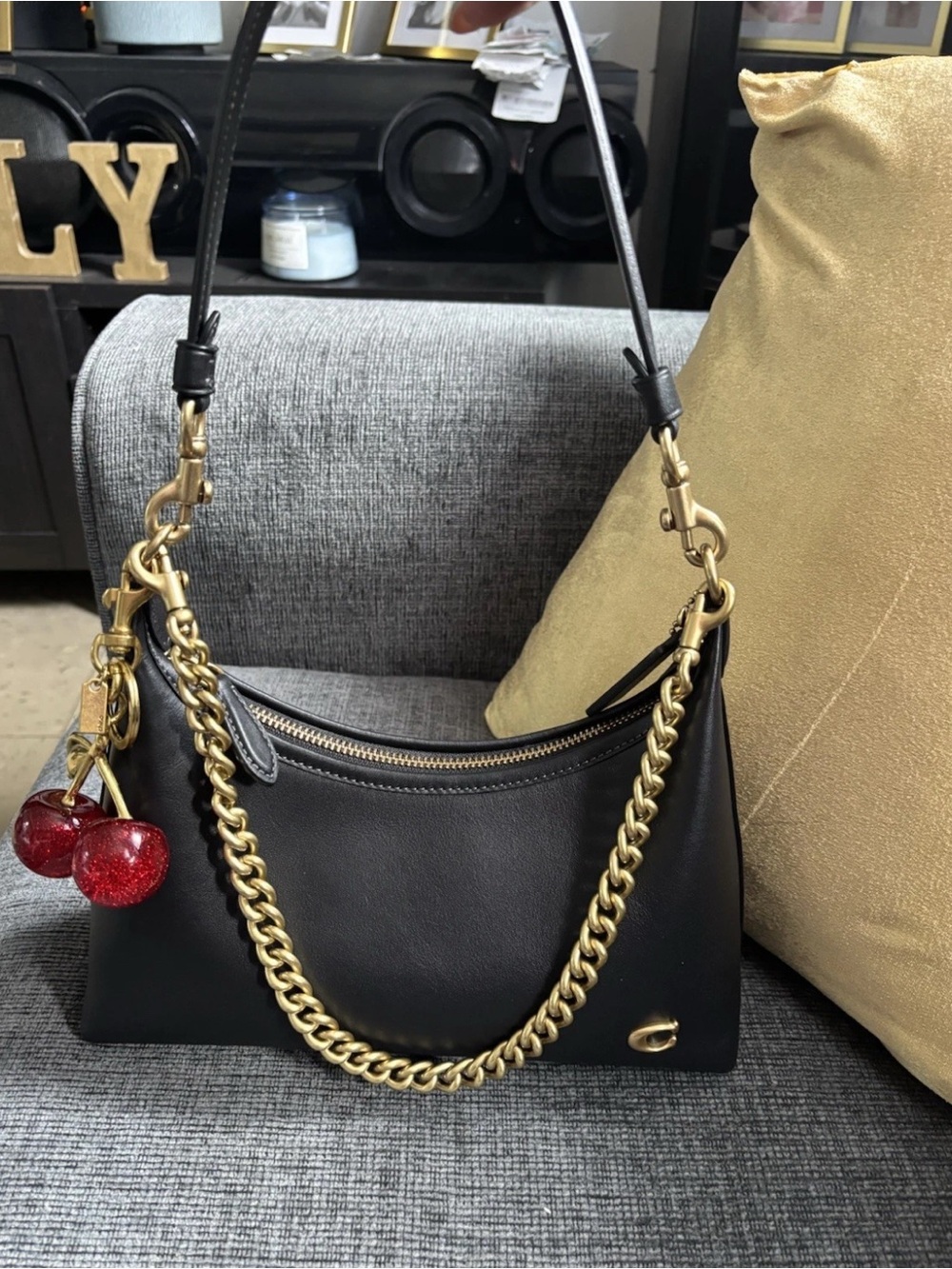 COACH Gold Cherry Keychain with Glitter Red Cherries - Picture 2 of 10